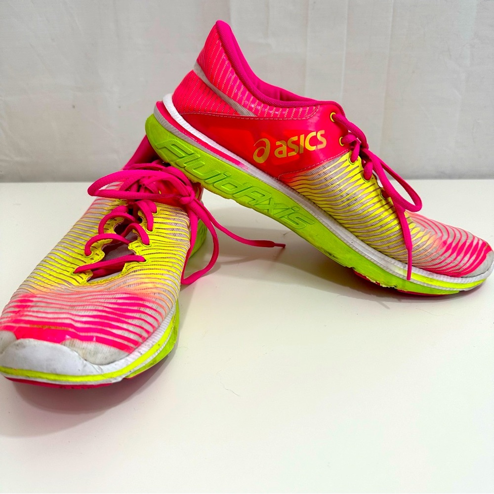 Asics Womens 33 Fluid Axis Running Shoes Bright Neon Pink & Yellow Size 9